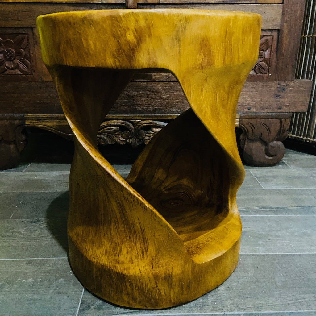 Comodino Etnico Legno Suar Massello Sgabello Spirale Tavolino Rotondo - ETNICBAY