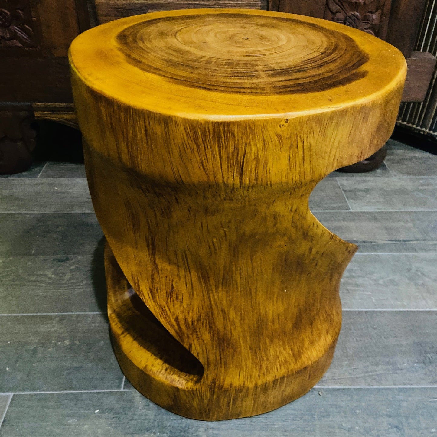 Comodino Etnico Legno Suar Massello Sgabello Spirale Tavolino Rotondo