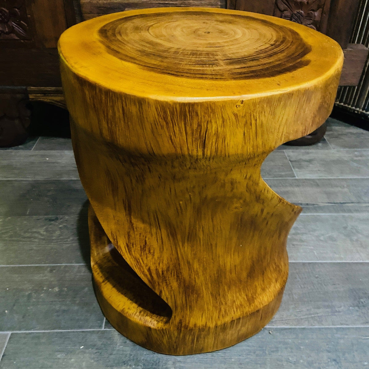 Comodino Etnico Legno Suar Massello Sgabello Spirale Tavolino Rotondo - ETNICBAY