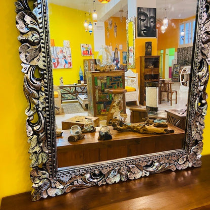 Ethnic mirror with silver wooden frame