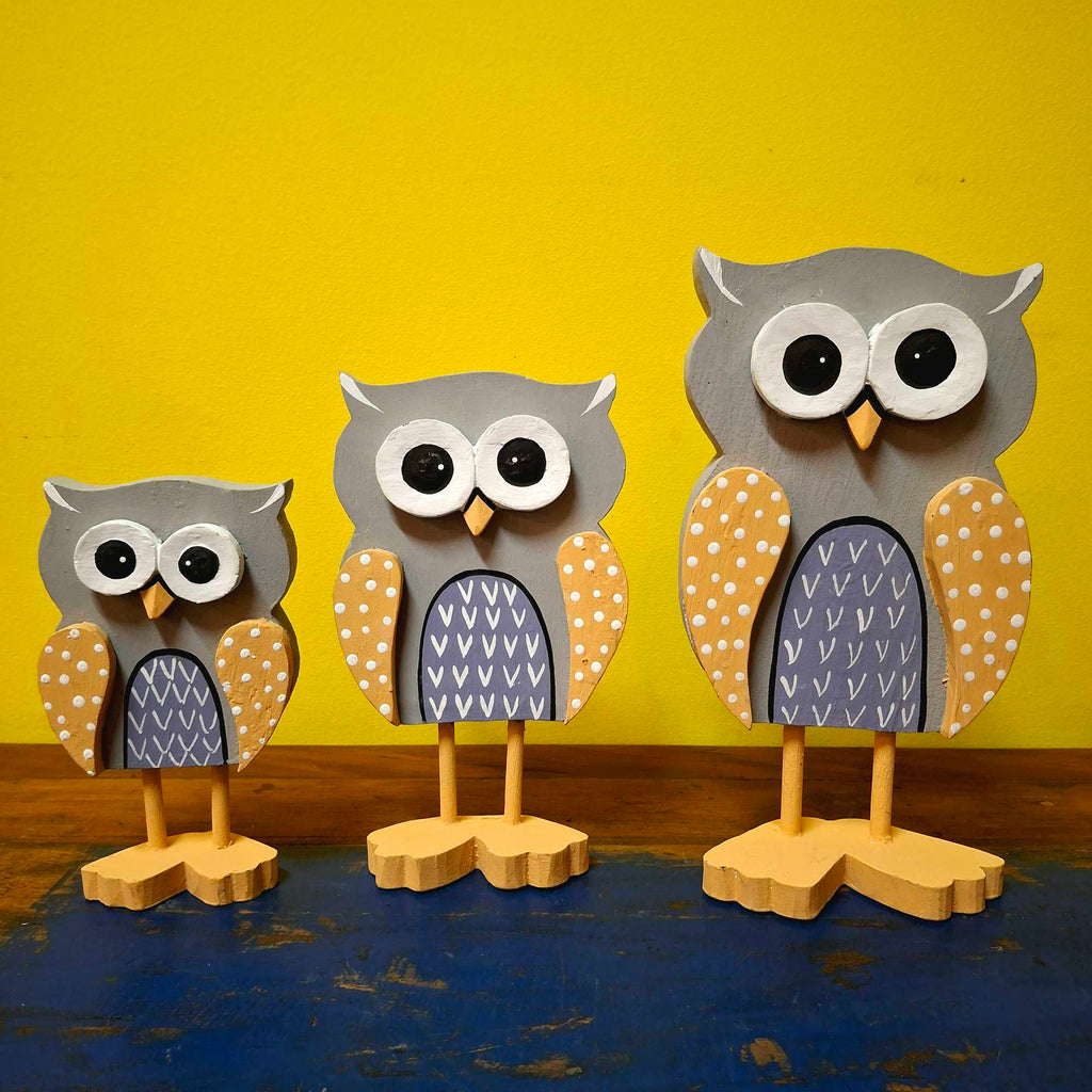 Eulen-Statuen-Set aus Holz, dekoratives Wohnaccessoire