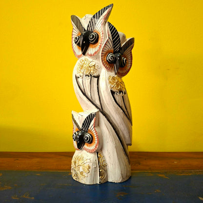 Statuetta famiglia di Gufi in legno soprammobile