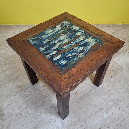Table basse en bois de teck tabouret carré ethnique