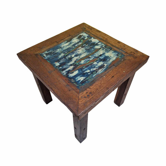 Table basse en bois de teck tabouret carré ethnique