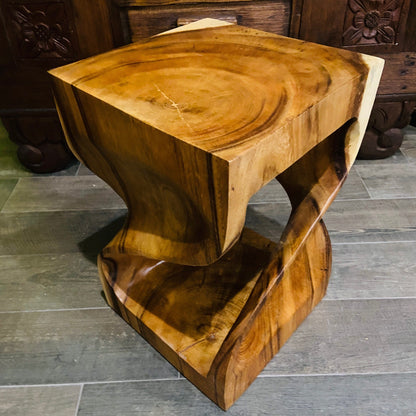 Comodino Etnico Legno Suar Massello Sgabello Spirale Tavolino Clessidra