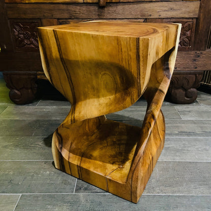 Comodino Etnico Legno Suar Massello Sgabello Spirale Tavolino Clessidra