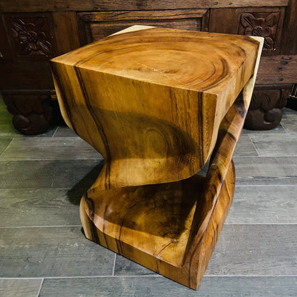 Comodino Etnico Legno Suar Massello Sgabello Spirale Tavolino Clessidra