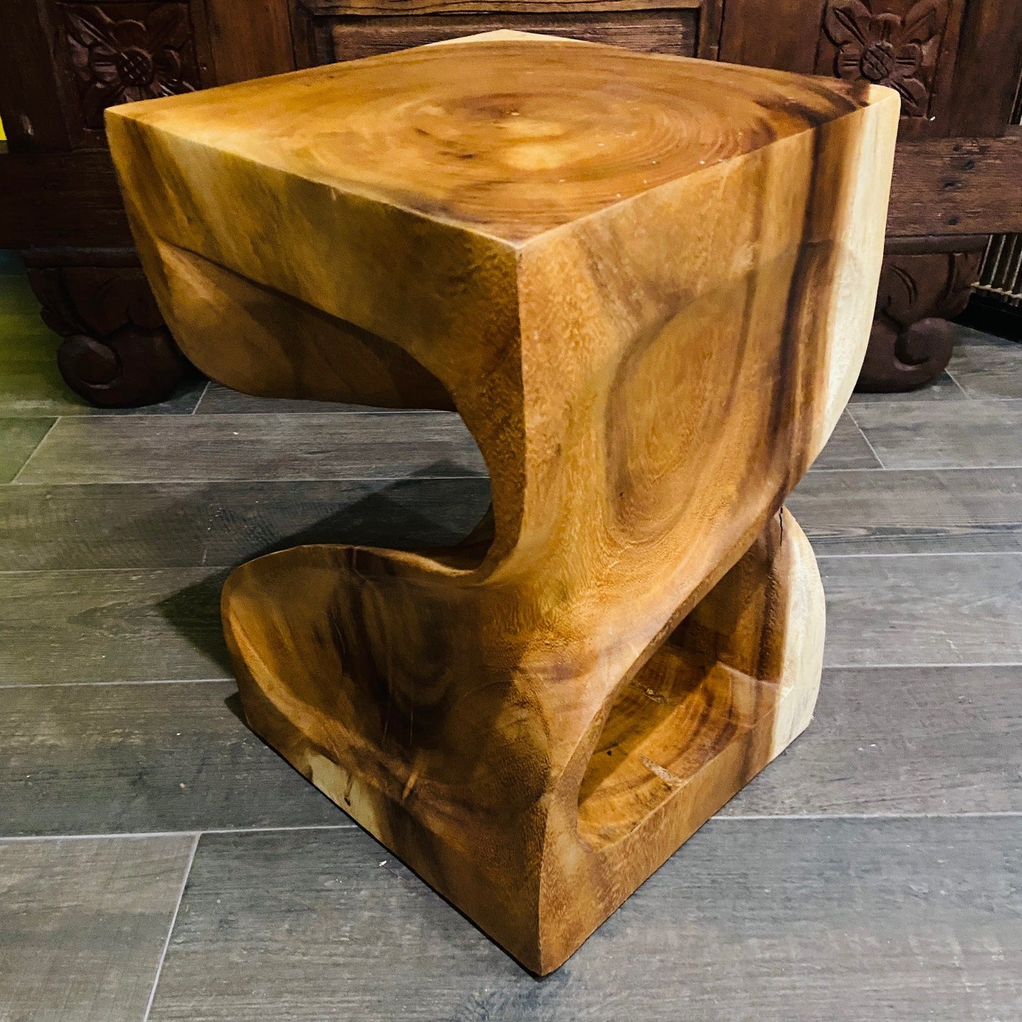 Comodino Etnico Legno Suar Massello Sgabello Spirale Tavolino Clessidra