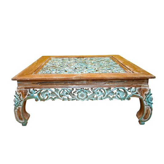 Tavolino etnico da salotto design floreale in legno teak