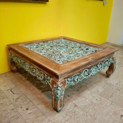 Tavolino etnico da salotto design floreale in legno teak