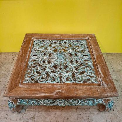 Tavolino etnico da salotto design floreale in legno teak