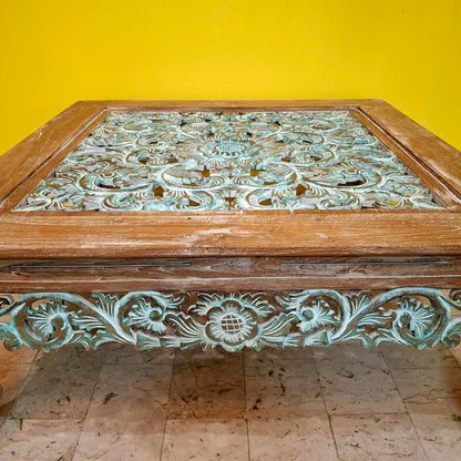 Tavolino etnico da salotto design floreale in legno teak