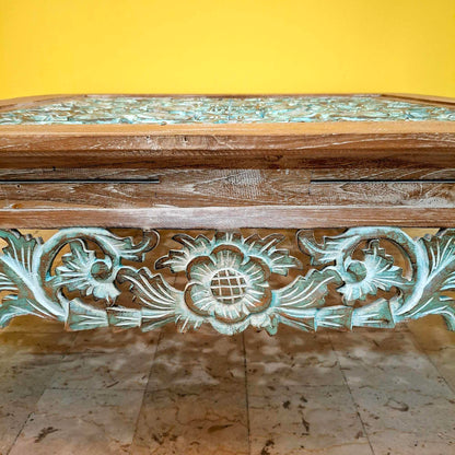 Tavolino etnico da salotto design floreale in legno teak