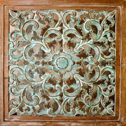 Tavolino etnico da salotto design floreale in legno teak
