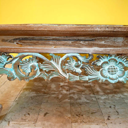Tavolino etnico da salotto design floreale in legno teak