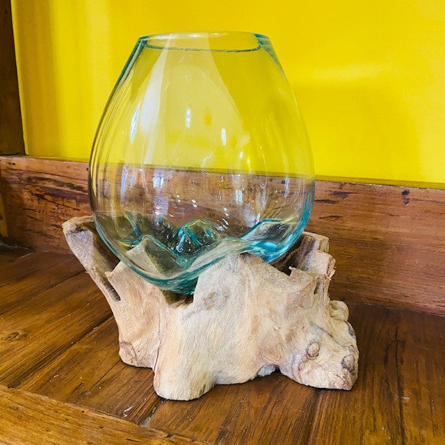 Vaso etnico vetro fuso su radice ampolla acquario