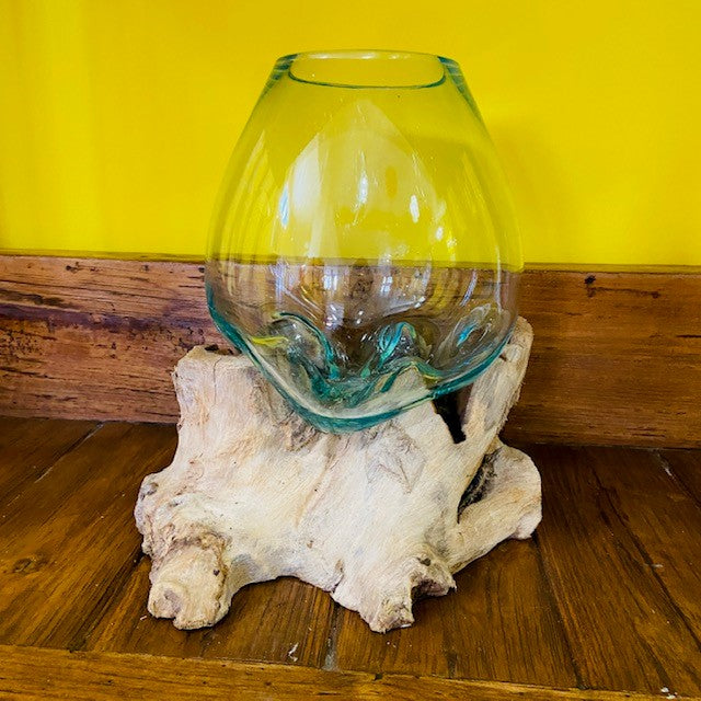 Vaso etnico vetro fuso su radice ampolla acquario