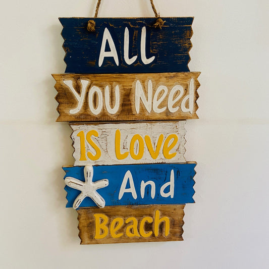 Panneau décoratif ethnique en bois avec cadre amour et plage