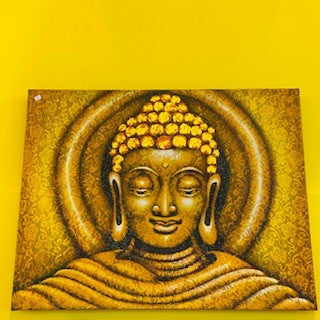 Peinture ethnique Bouddha sur toile brodée aura dorée