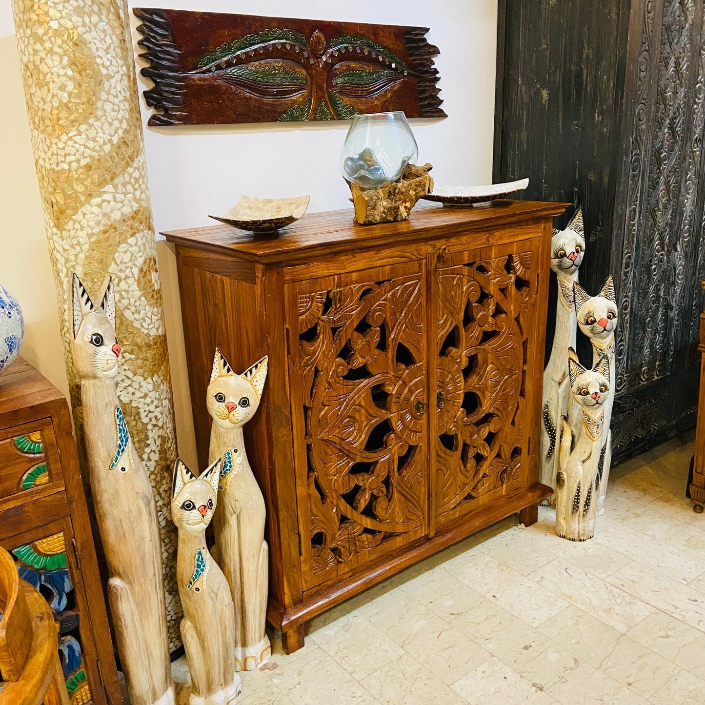 Ethnic furniture entrance sideboard floral decorations