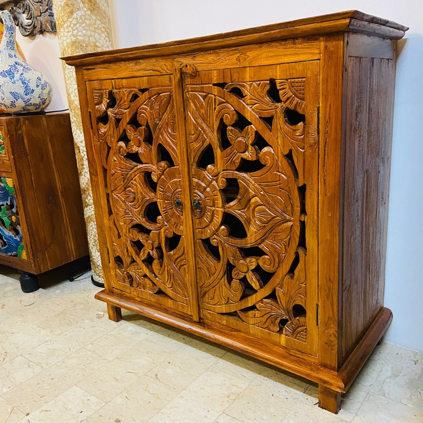 Ethnic furniture entrance sideboard floral decorations