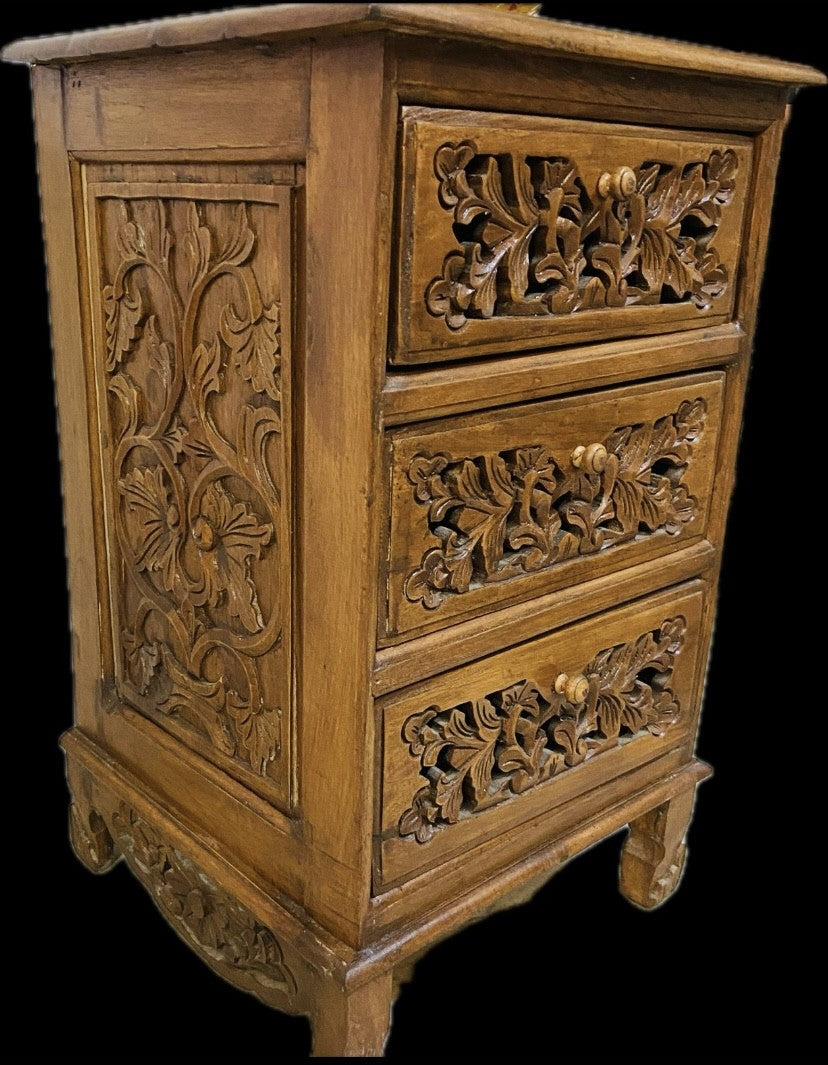 Comodino etnico legno teak intagli floreali - ETNICBAY