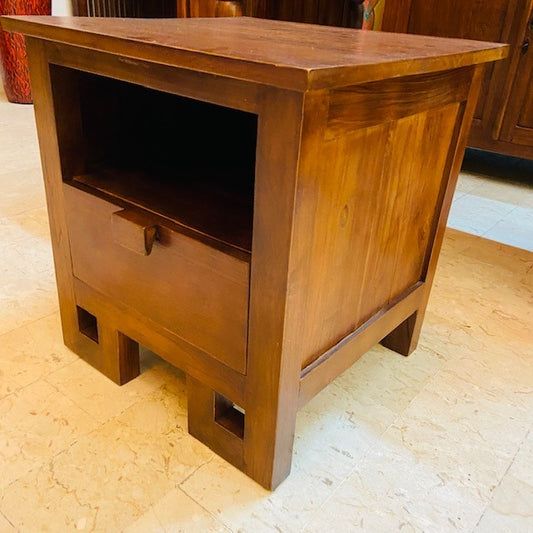 Minimal ethnic bedside table in solid teak wood