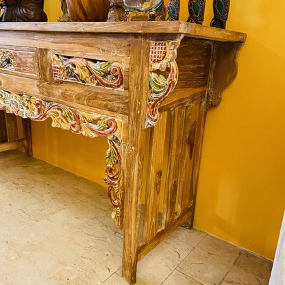 Console ethnique meuble d'entrée sculptures florales