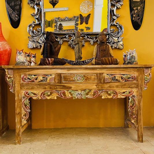 Console ethnique meuble d'entrée sculptures florales
