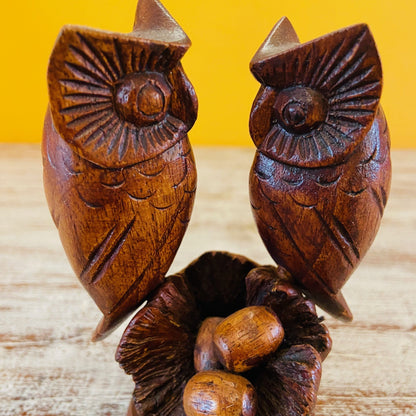 Owl family ethnic wood sculpture nest with eggs