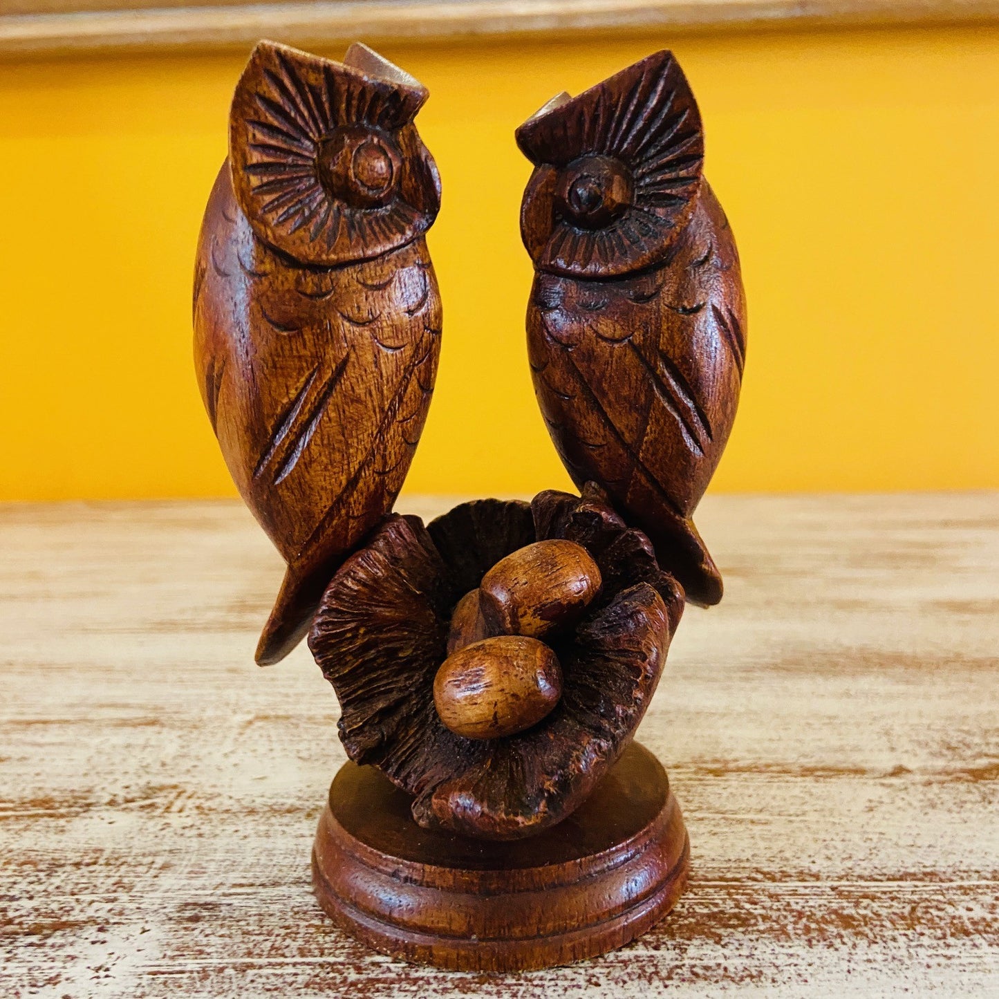 Owl family ethnic wood sculpture nest with eggs