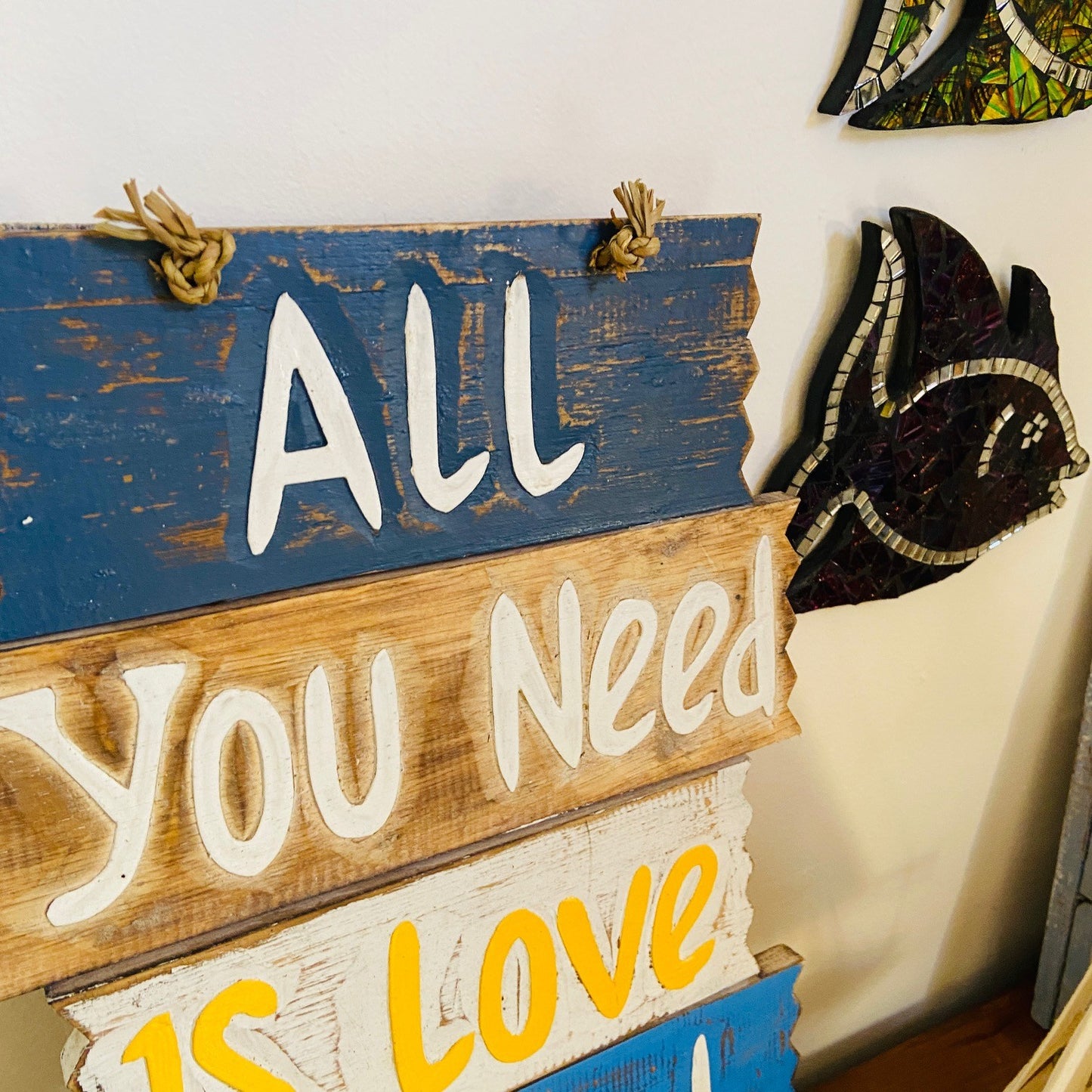 Ethnic wooden frame deco sign love and beach