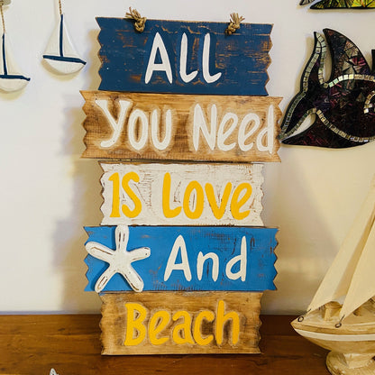 Ethnic wooden frame deco sign love and beach