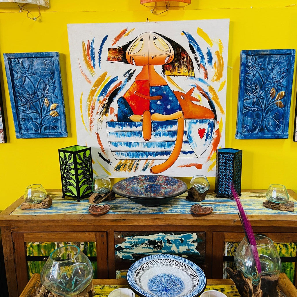 Quadro legno massello blu e oro fiori in rilievo - ETNICBAY