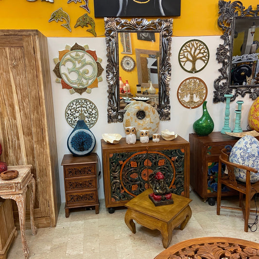 Ethnic teak wood bedside table with floral carvings
