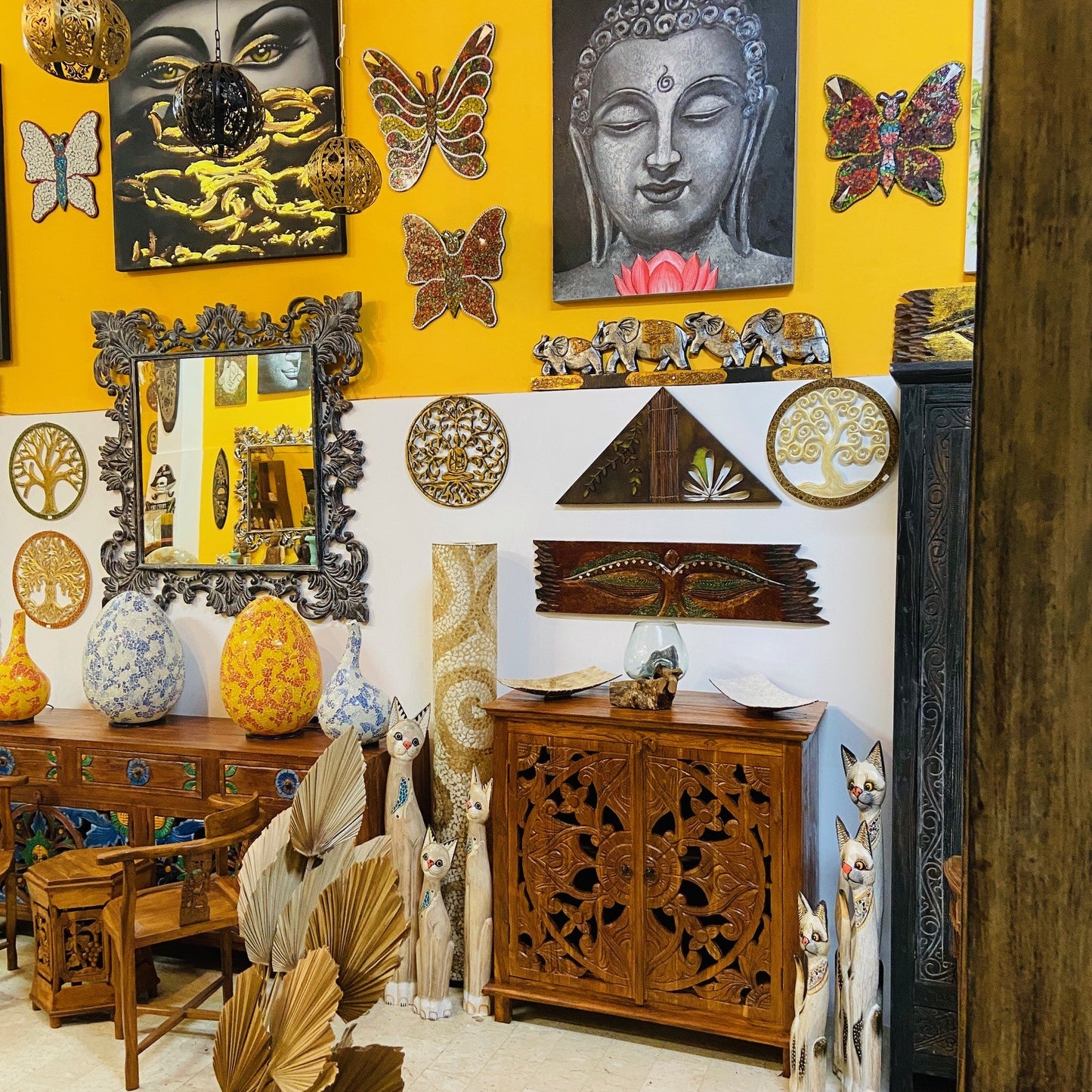 Ethnic furniture entrance sideboard floral decorations
