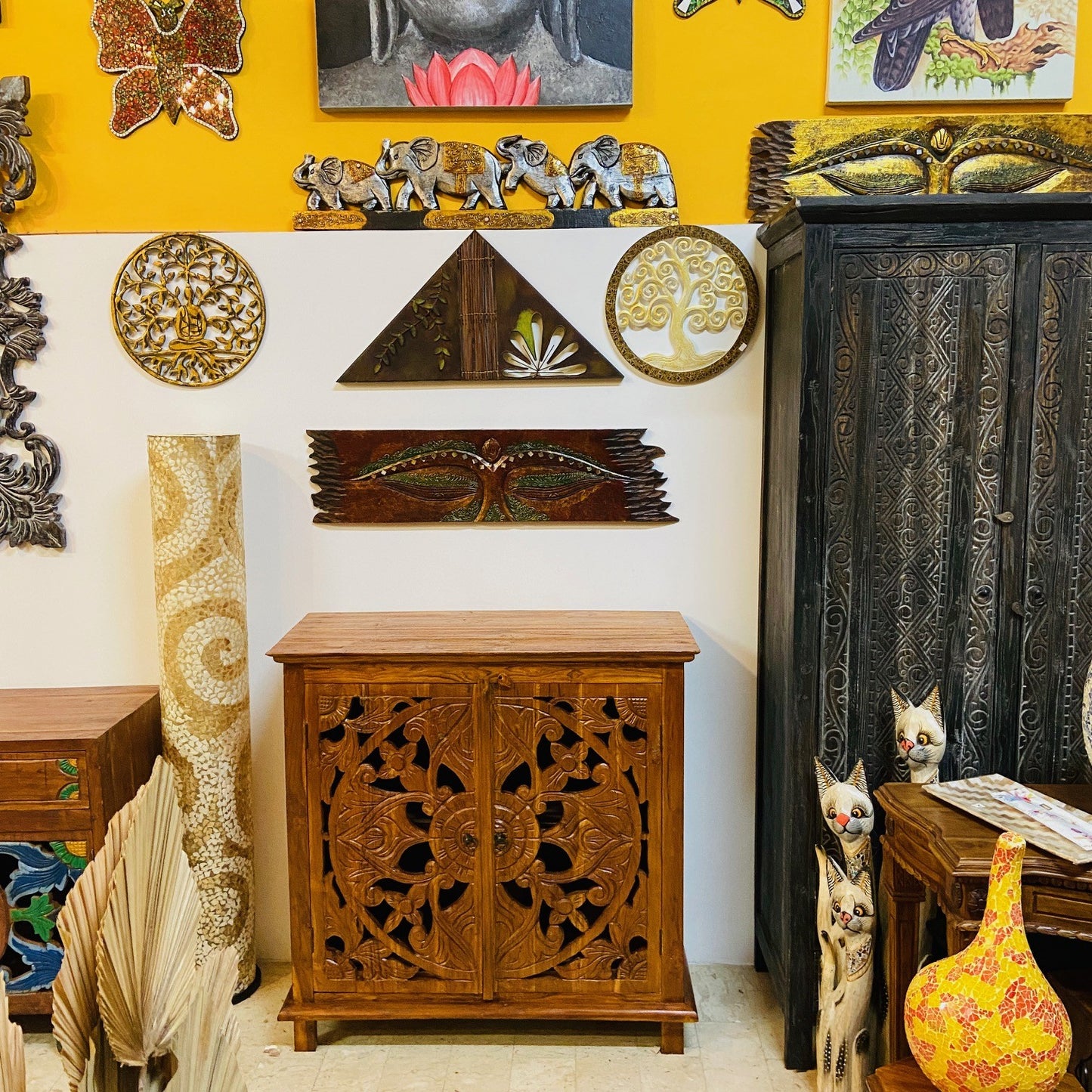 Ethnic furniture entrance sideboard floral decorations