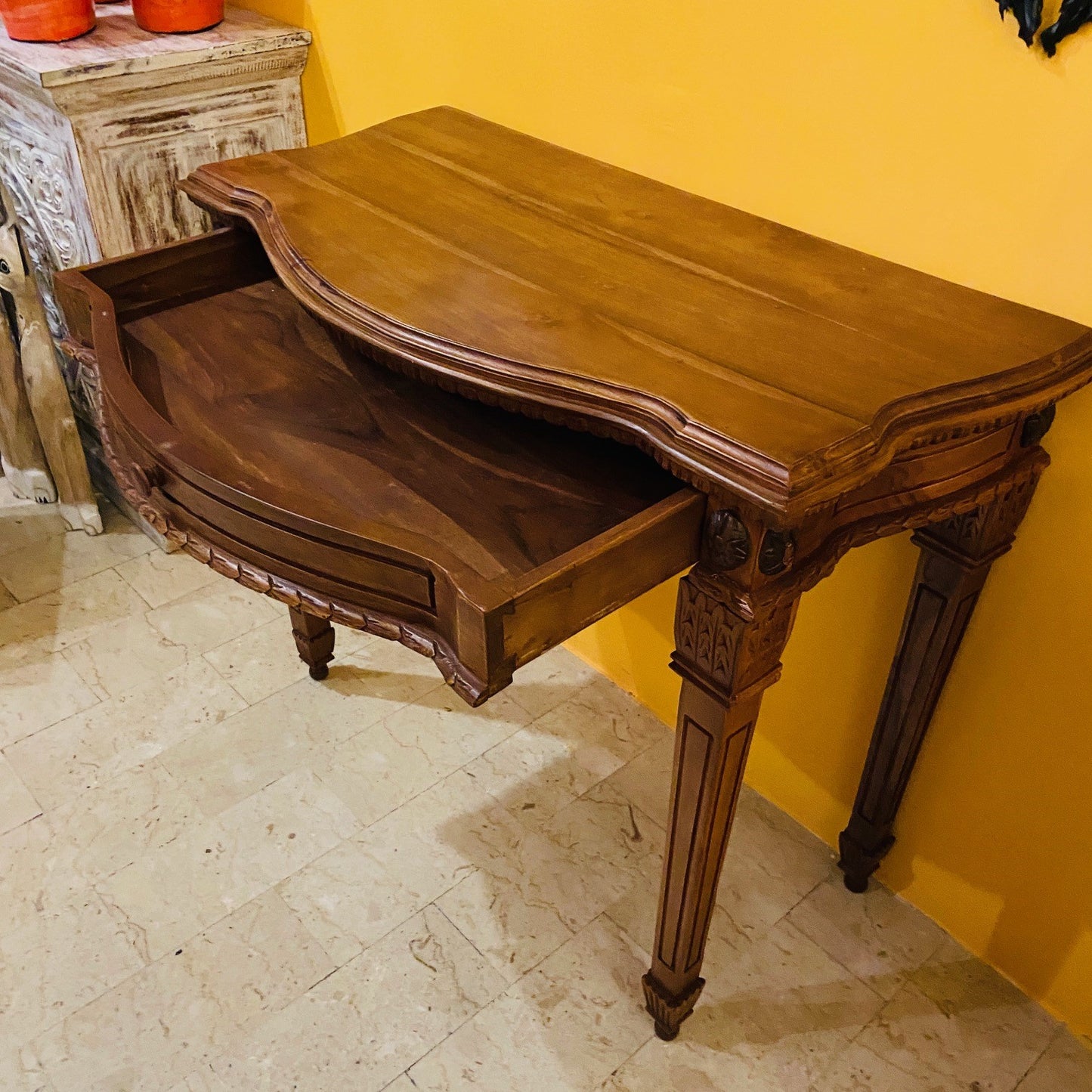 Scrivania Etnica Legno Teak Scrittoio Coloniale