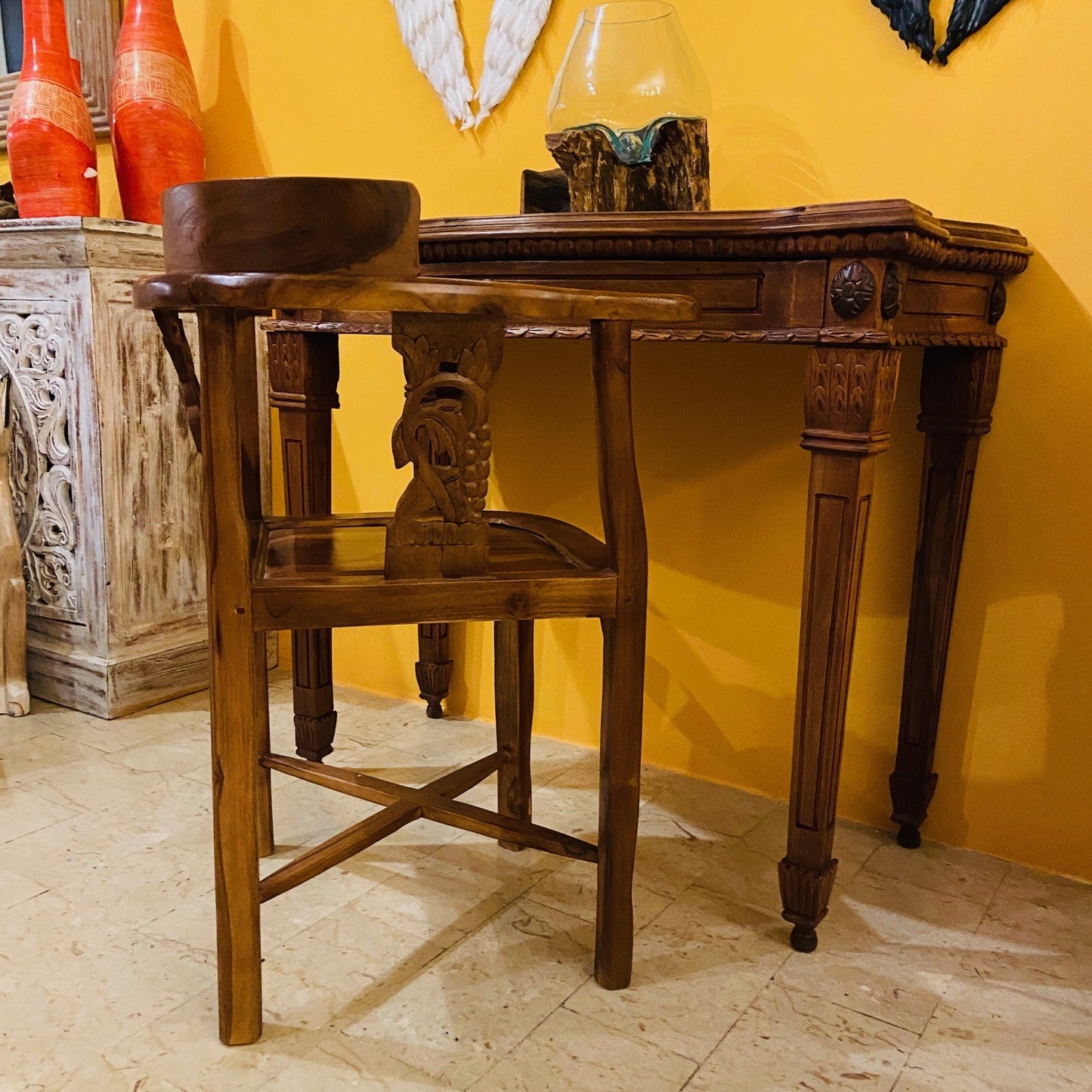 Scrivania Etnica Legno Teak Scrittoio Coloniale