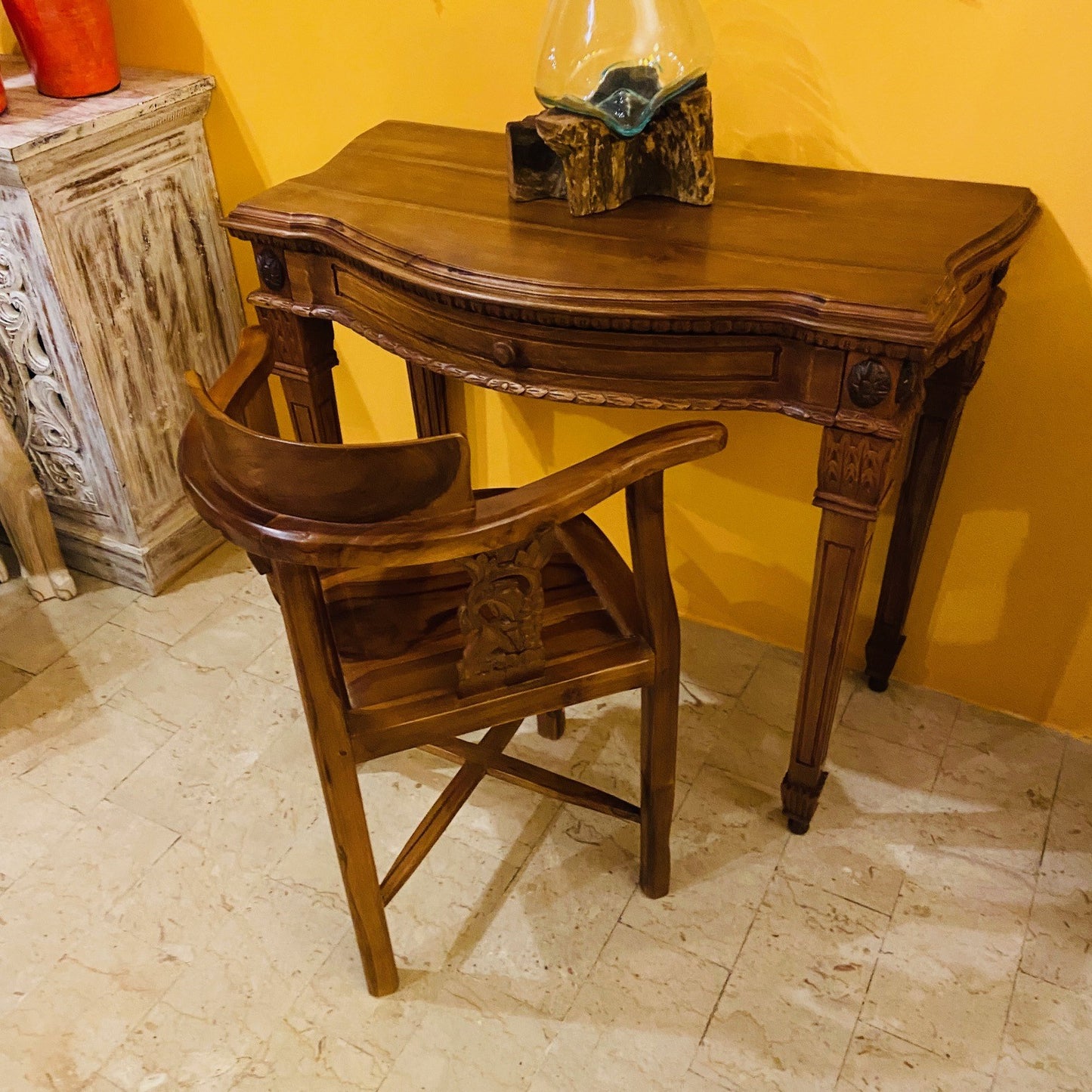 Scrivania Etnica Legno Teak Scrittoio Coloniale