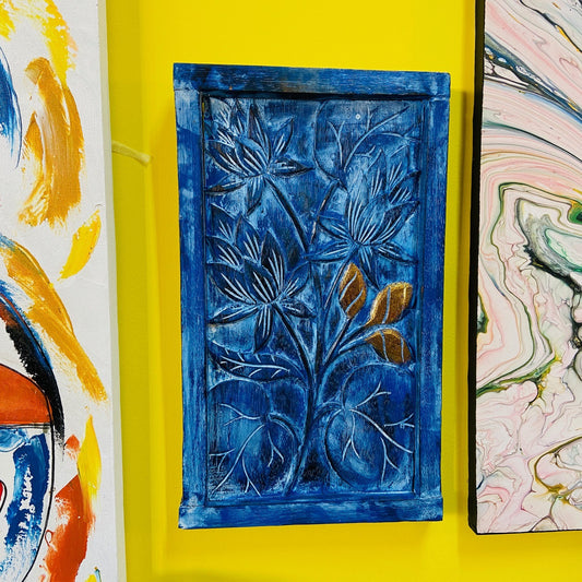 Cadre en bois massif bleu et or avec fleurs en relief