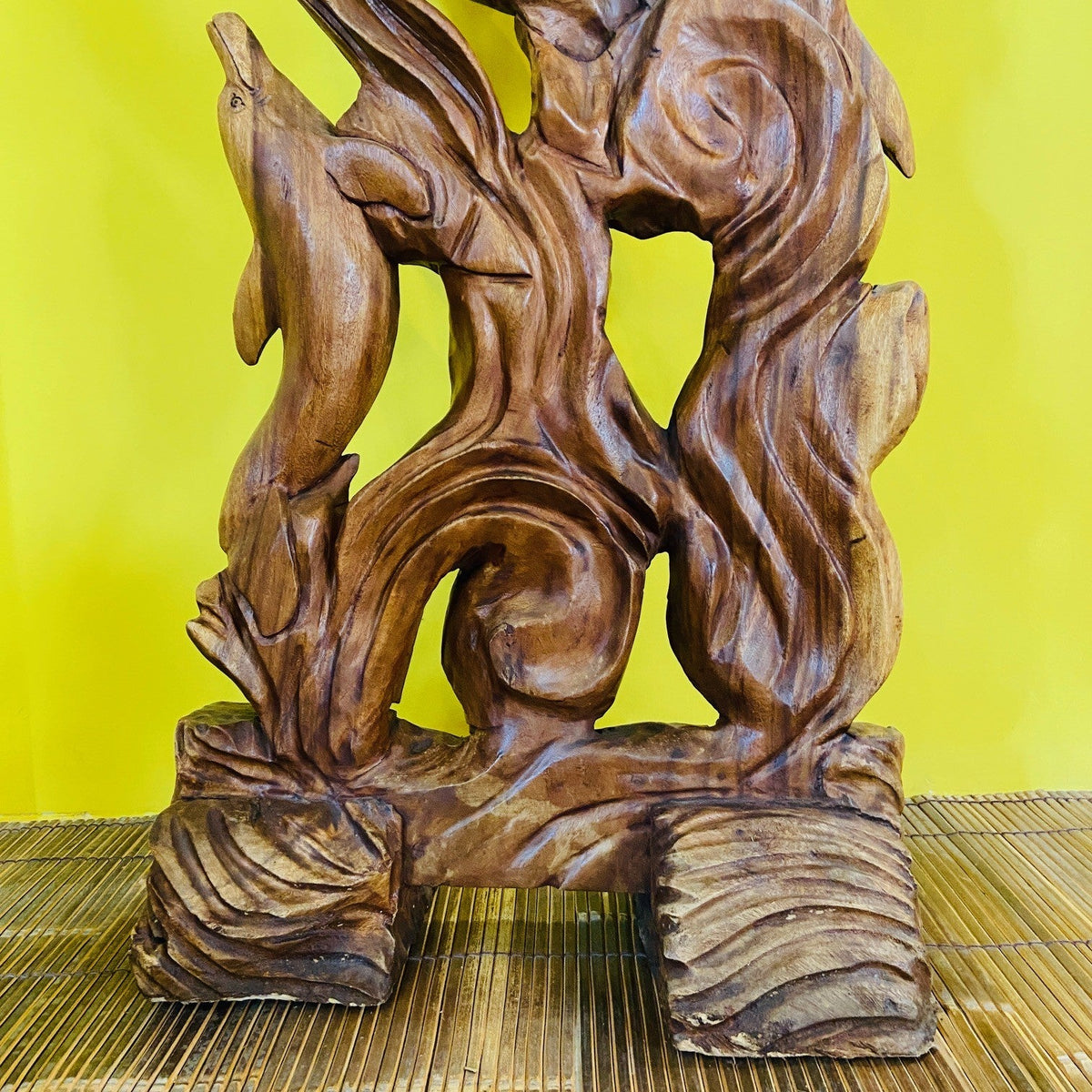 Scultura delfini statua etnica in legno massello - ETNICBAY