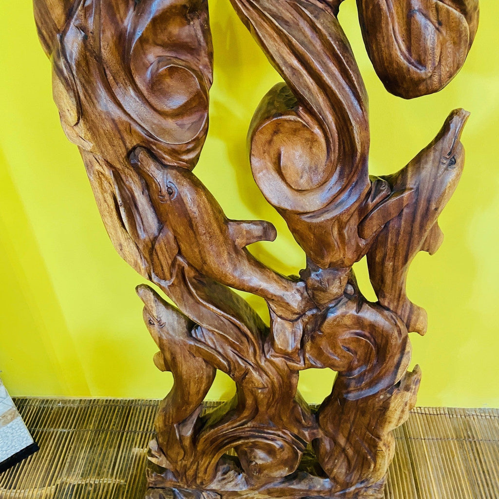 Scultura delfini statua etnica in legno massello - ETNICBAY