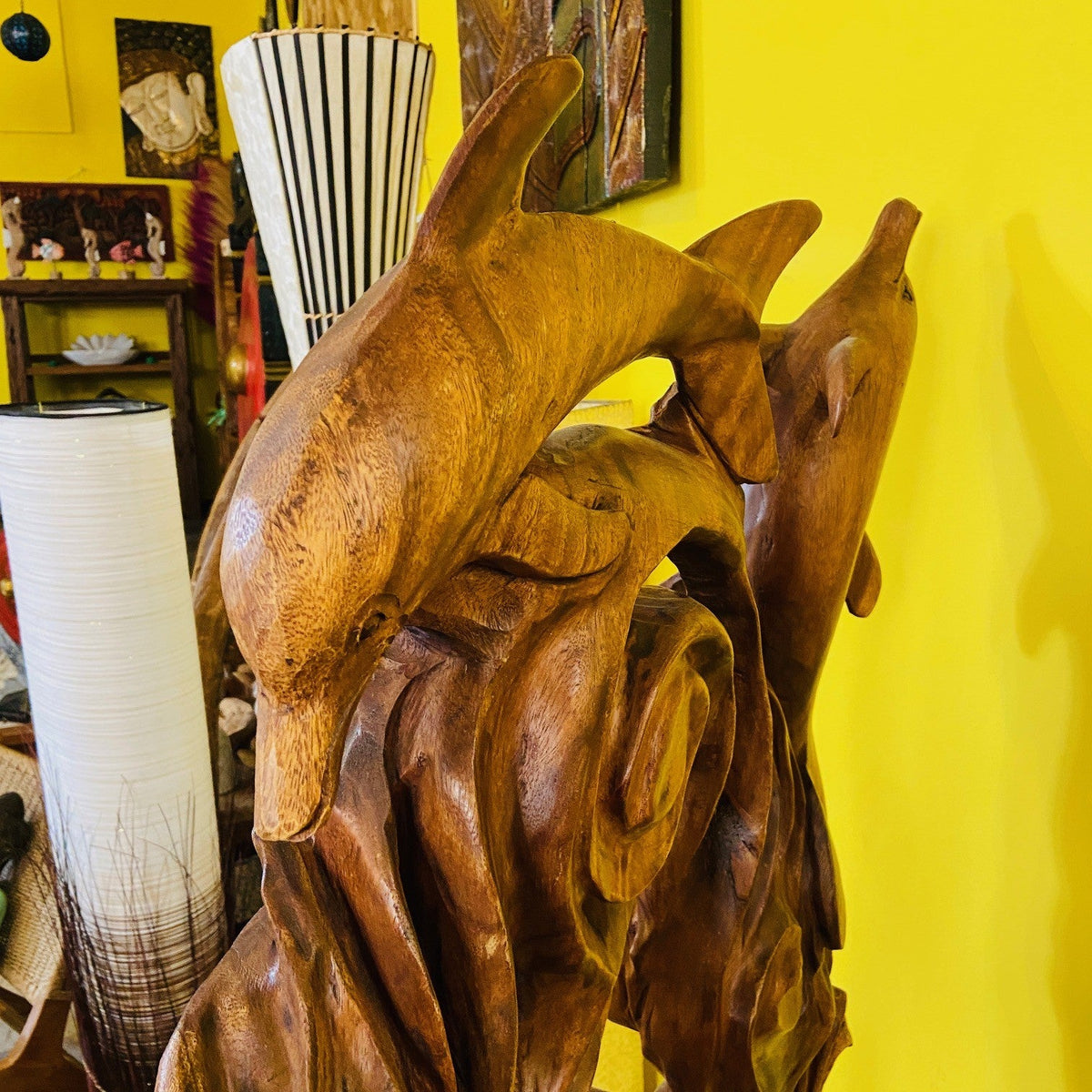 Scultura delfini statua etnica in legno massello - ETNICBAY