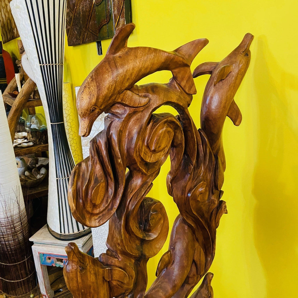 Scultura delfini statua etnica in legno massello - ETNICBAY