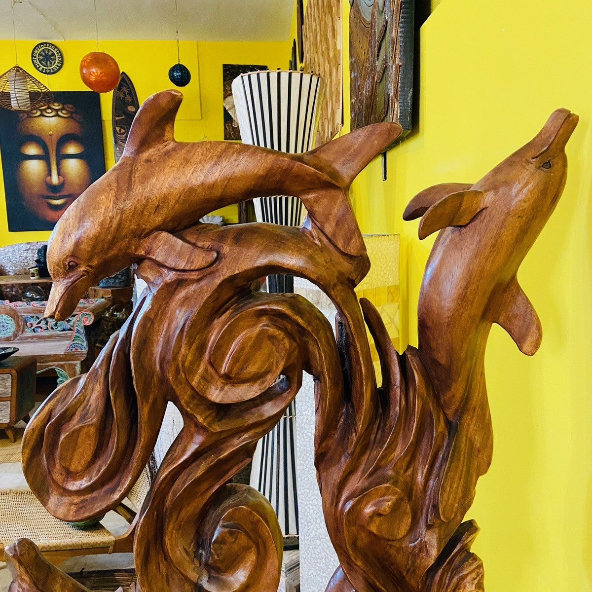Scultura delfini statua etnica in legno massello - ETNICBAY