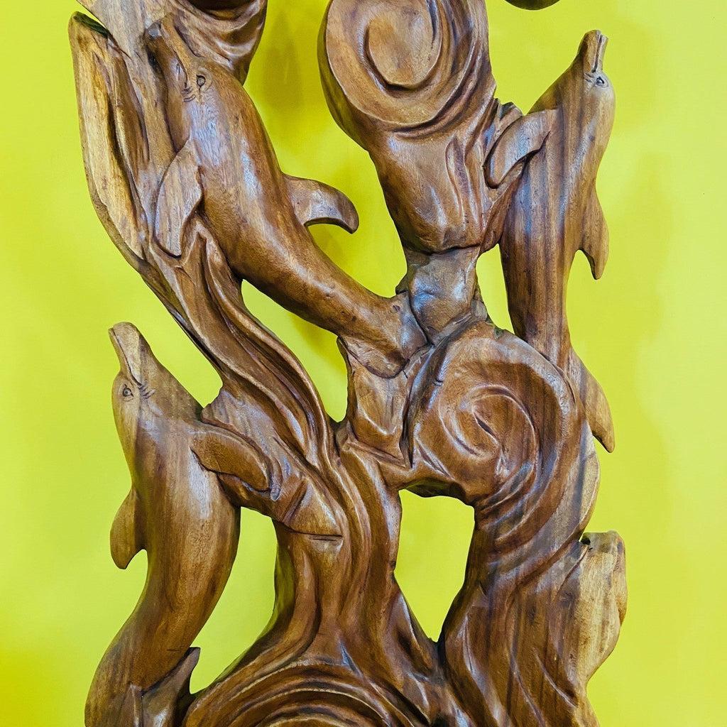 Scultura delfini statua etnica in legno massello - ETNICBAY