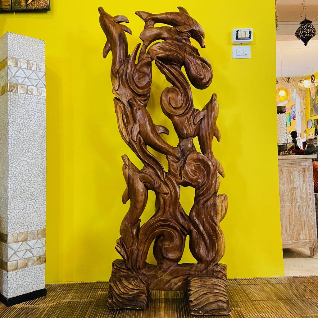 Scultura delfini statua etnica in legno massello - ETNICBAY