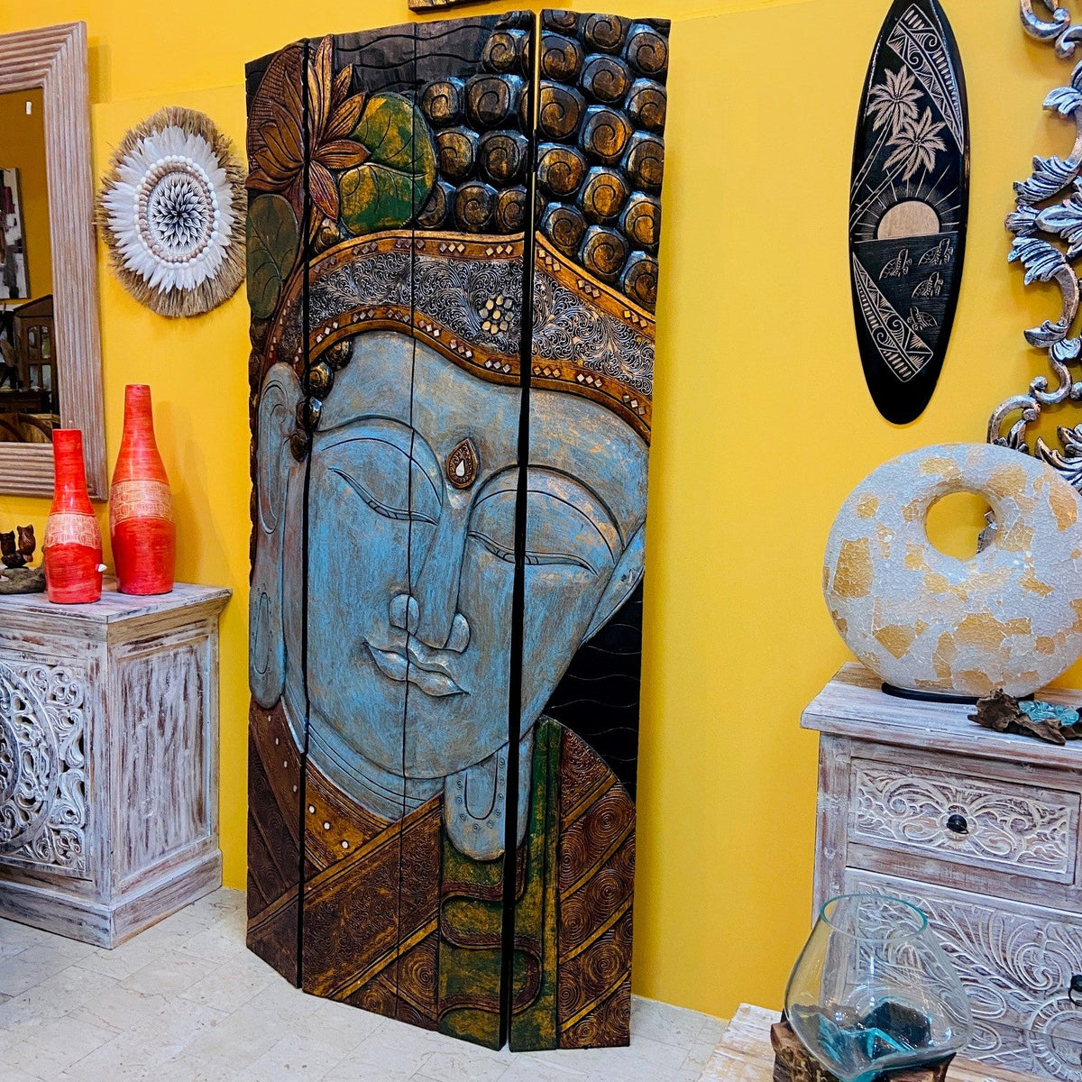 Buddha Separè Etnico Pieghevole Pannello Legno - ETNICBAY
