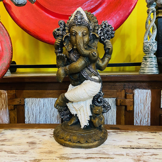 Statue ethnique hindoue Ganesh dansant en bronze blanc